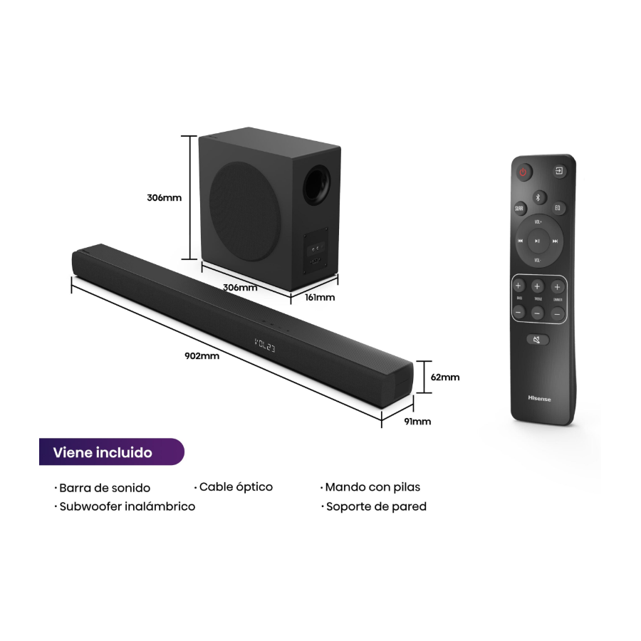 Hisense Barra de Sonido 3.1 480W HS3100 Inalámbrico USB